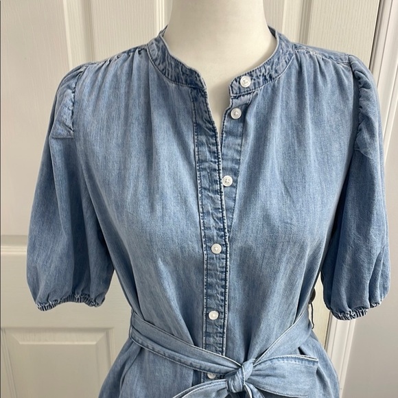 GAP Mini Dress Puff Sleeve Mock Neck Lt Wash Indigo Relaxed Fit Tie Belt Size S - Picture 4 of 13